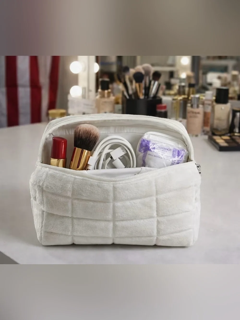 Suede Quilted Cosmetic Pouches - Cream and Blue 2 for $10